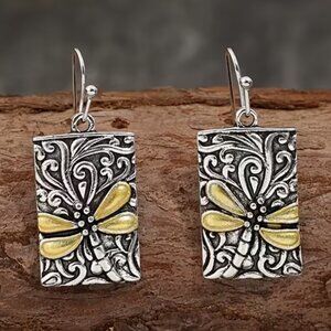 Dragonfly Earrings Oumei Inspired Engraved Two-Tone Rectangular Retro Bohemian